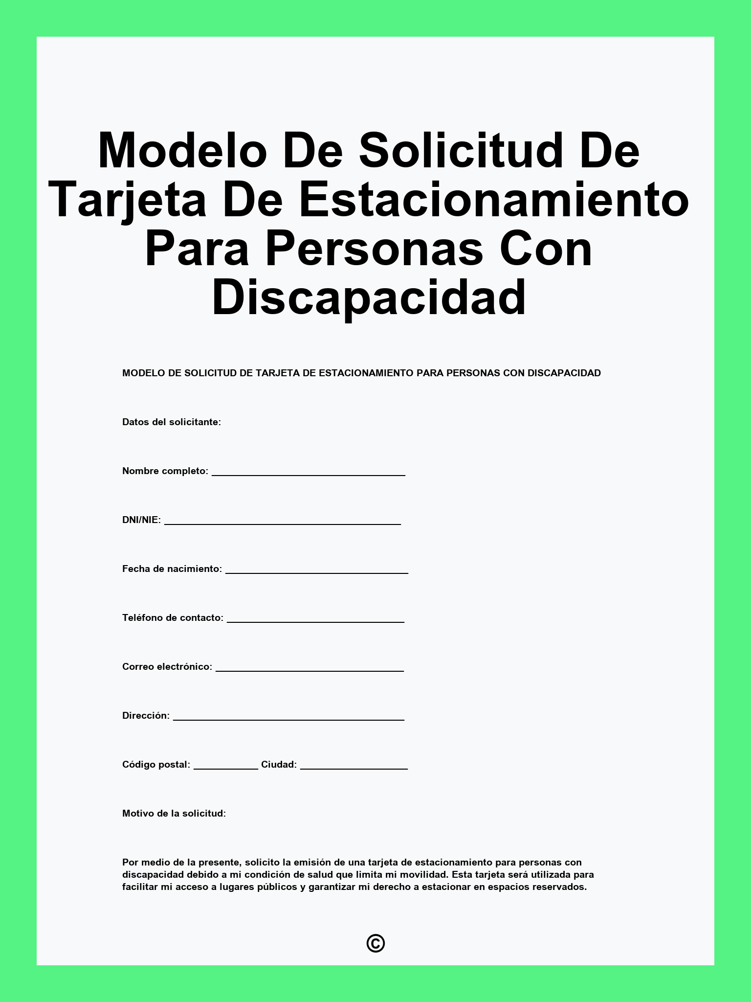 Modelo De Solicitud De Tarjeta De Estacionamiento Para Personas Con Discapacidad